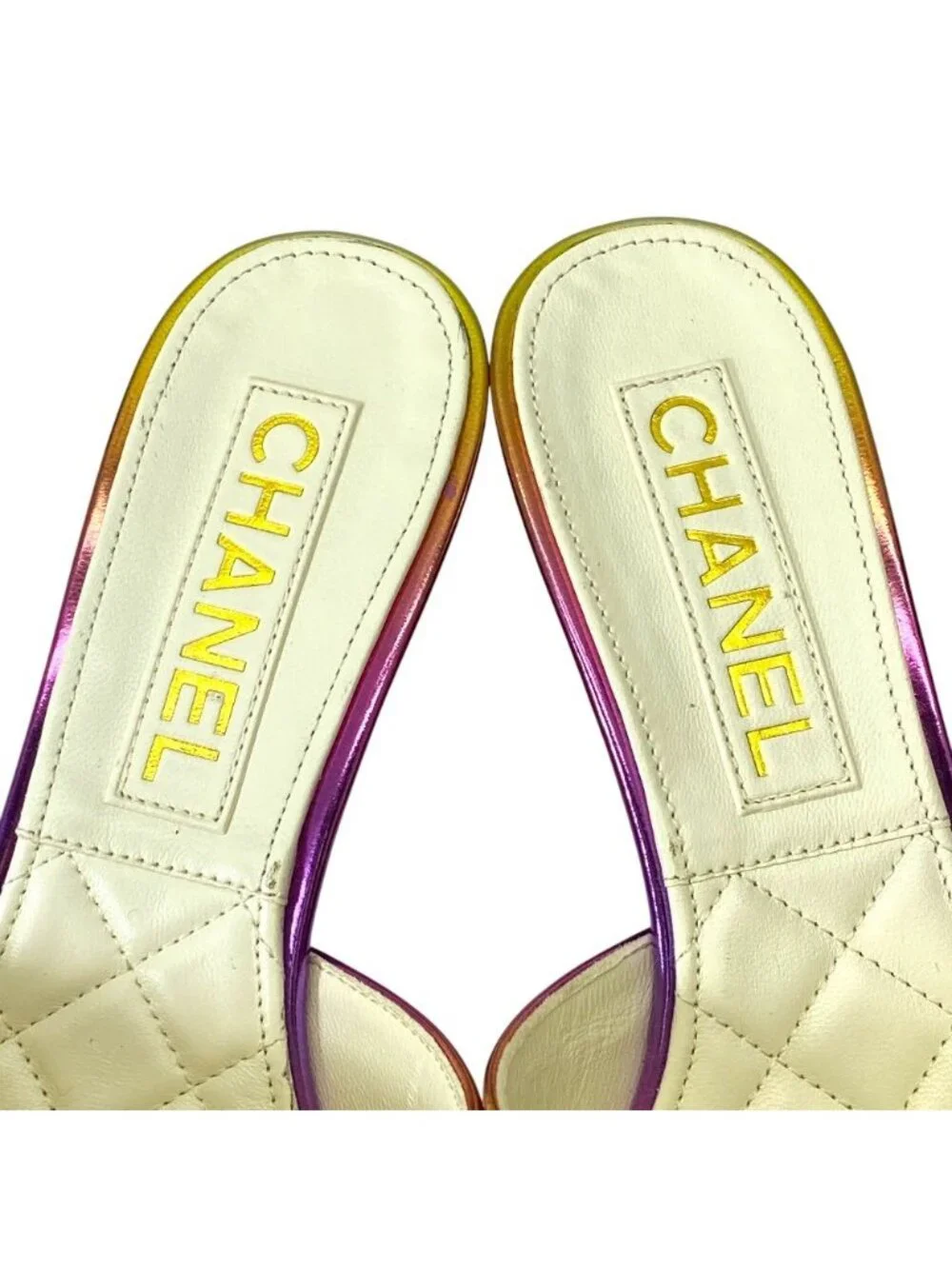 Chanel CC Logo Sandals Rainbow Aurora Leather Gold Pink